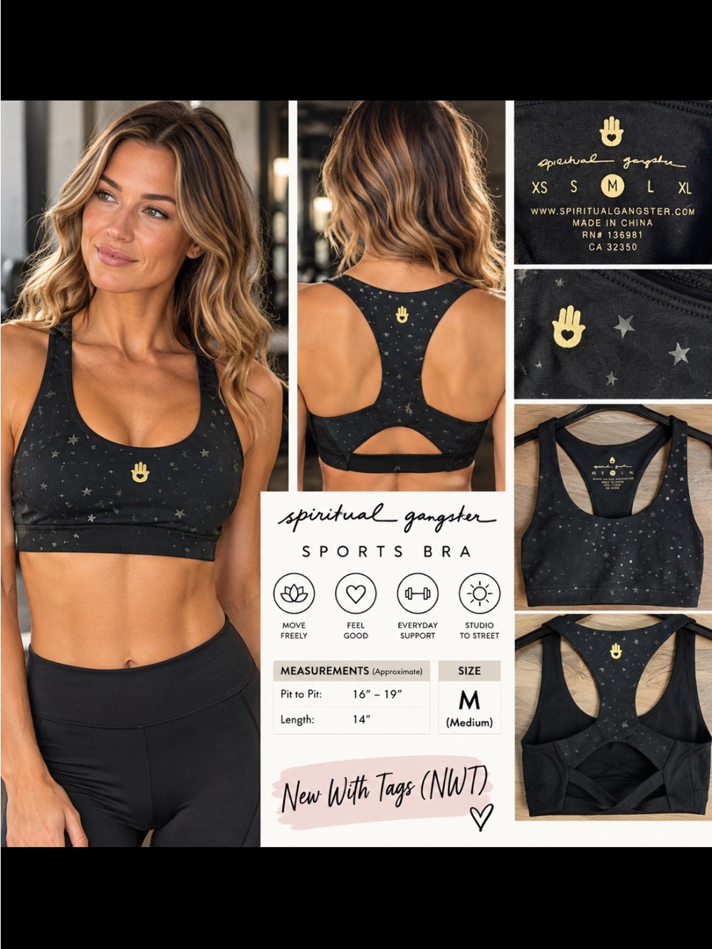 Spiritual Gangster Black Star-Print Racerback Sports Bra